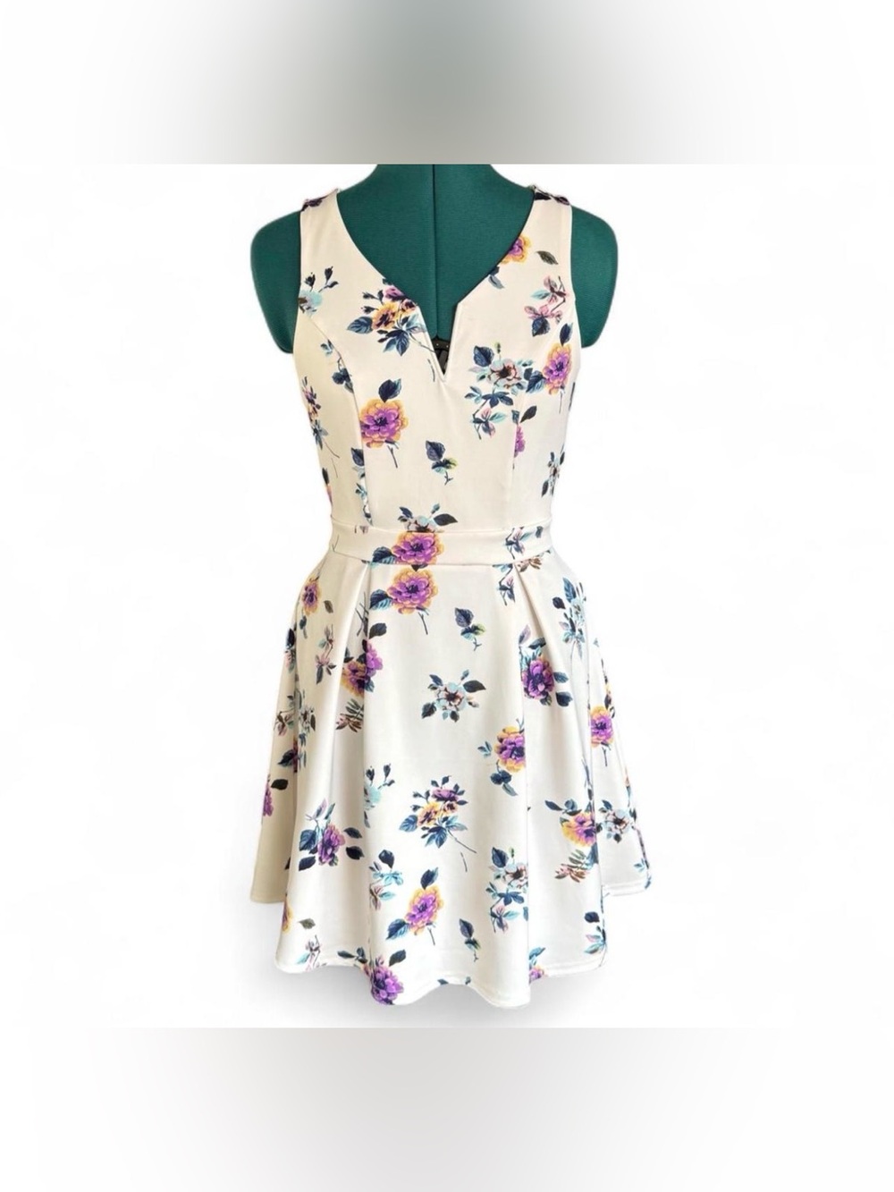 Francesca's Collections Cream Floral V-Neck Skater Dress